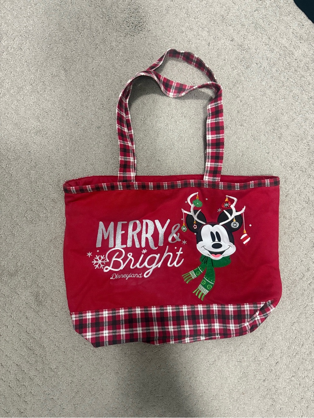 Disney Red Plaid "Merry & Bright" Mickey Tote